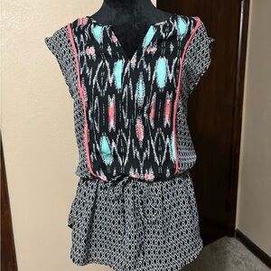 Maurices Black Blouse with Pink and Blue Pattern